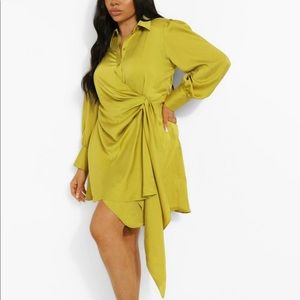 Plus sized statement draped satin shirt dress- chartreuse